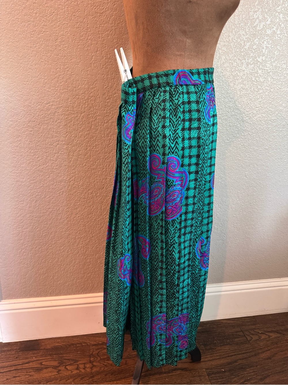 Vintage 100% Silk Midi Skirt Green Teal Paisley Geometric Abstract Print Size 10 - Picture 4 of 11